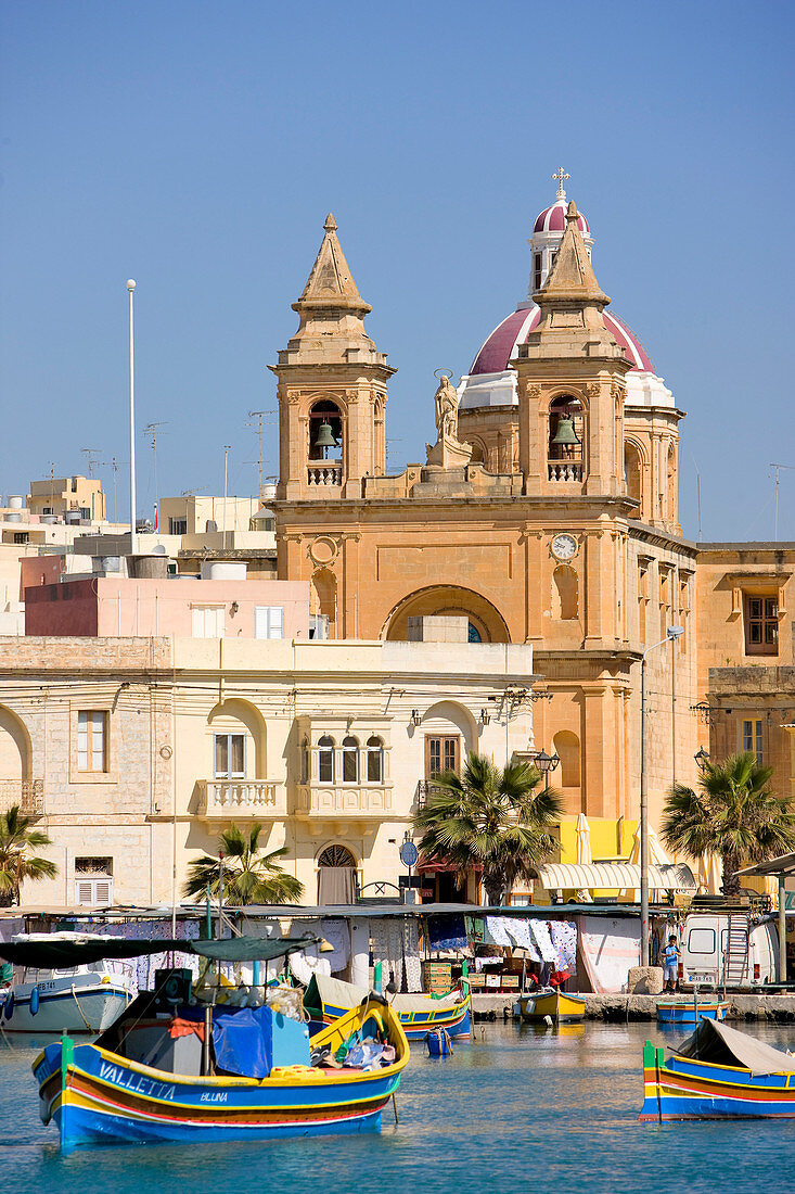 Malta, South Coast, Marsaxlokk, Our Lady of Pompeii church and the harbour