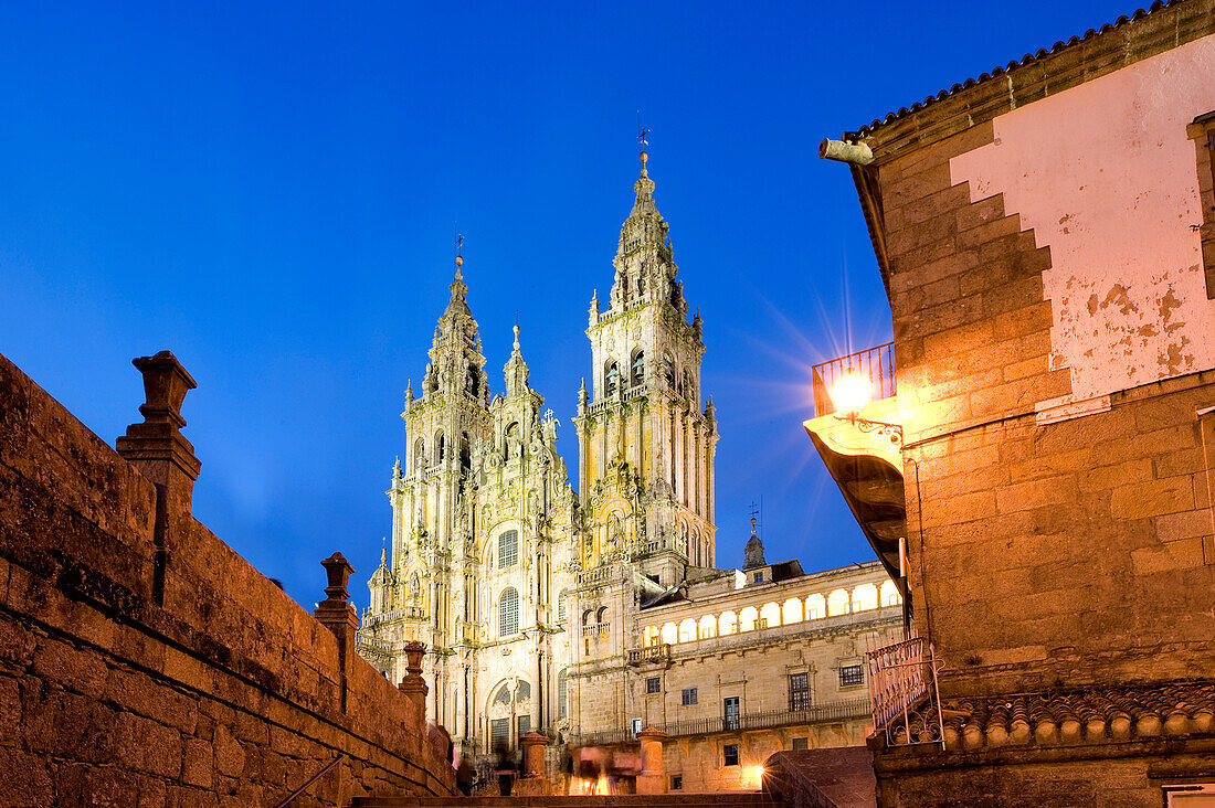 Spain, Galicia, Santiago de Compostela, listed as World Heritage by UNESCO, the illuminated cathedral