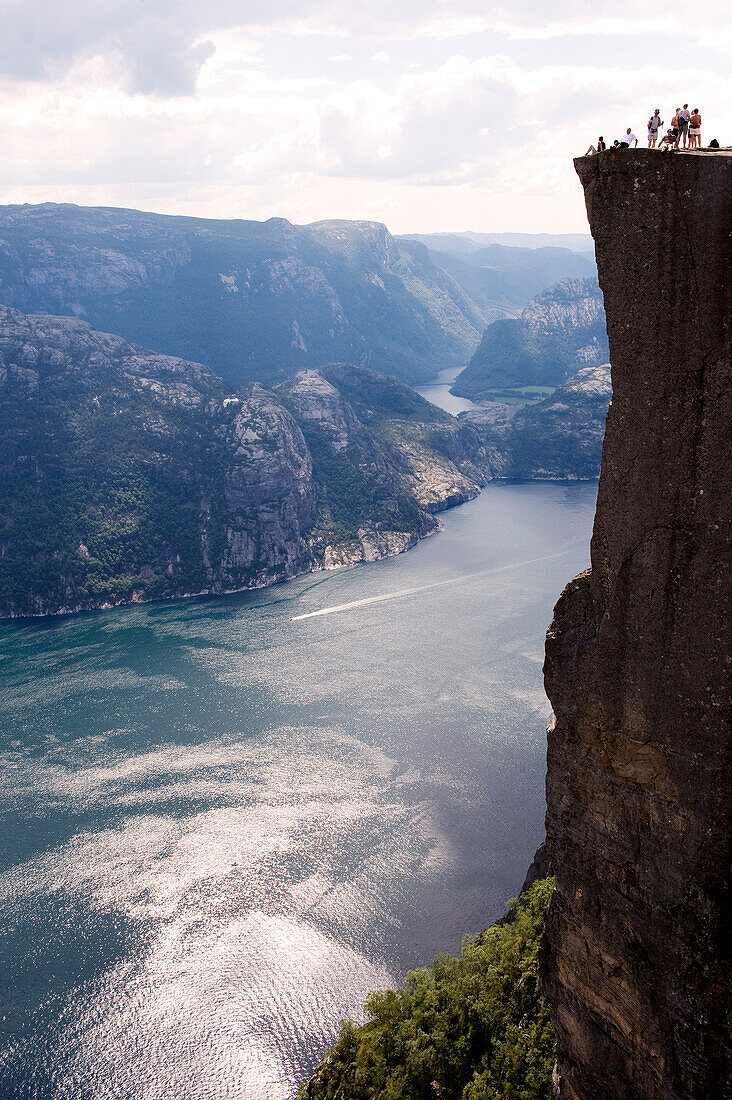 Norway, Rogaland County, Lysebotn Fjord, Preikestolen Rock at 600m above the Lysefjord