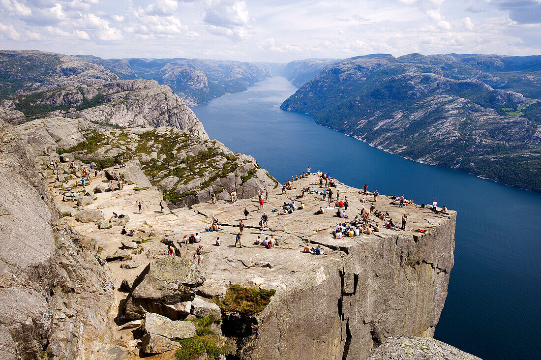 Norway, Rogaland County, Lysebotn Fjord, Preikestolen Rock at 600m above the Lysefjord