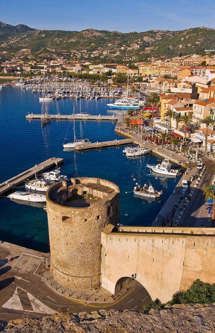 France, Haute Corse, the Gulf of Calvi, Calvi, the Marina and the Quai Landry, view from the citadel built in the 13th century by the Genoeses
