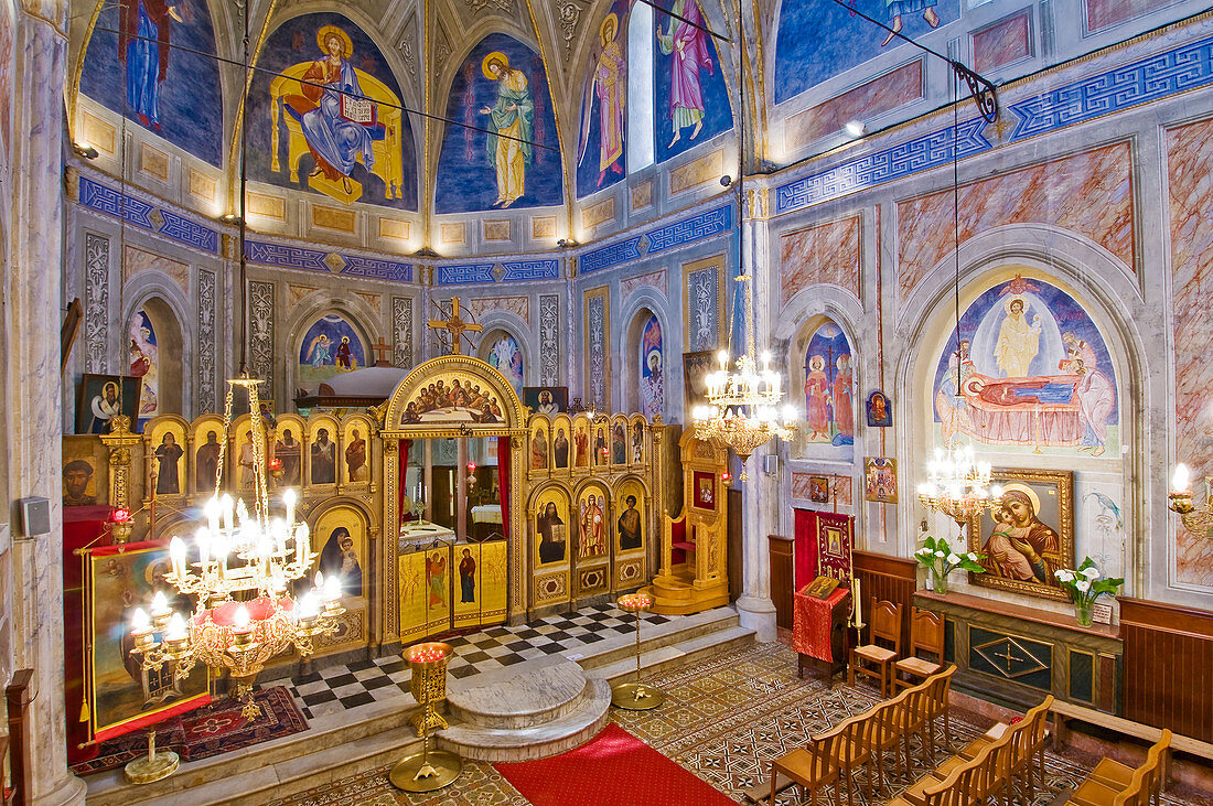 France, Corse du Sud, Cargese, Greek catholic church (Eastern rite or Uniate) built between 1852 and 1870, the sanctuary is separated from the nave by a wooden dividing wall decorated with icons upon golden background