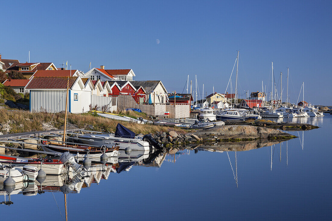 Swedish houses by the marina, Isle Hoenoe, Bohuslaen, Vaestra Goetaland County, Archipelago of Gothenburg, Scandinavia, South Sweden, Sweden,  Northern Europe