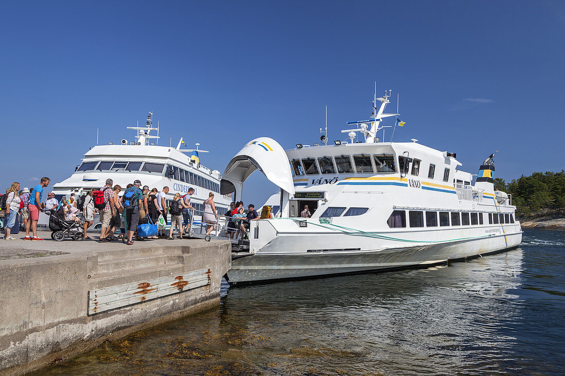 Ferry and ferry dock of the island of Finnhamn, Stockholm archipelago, Uppland, Stockholms land, South Sweden, Sweden, Scandinavia, Northern Europe