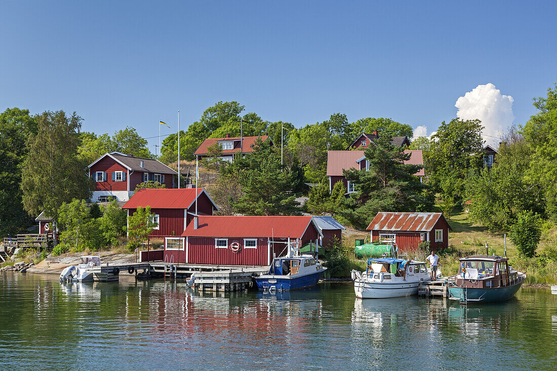Houses and cabins on the island of Moeja in Stockholm archipelago, Uppland, Stockholms land, South Sweden, Sweden, Scandinavia, Northern Europe