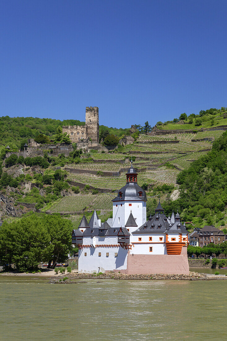 Burg Pfalzgrafenstein im Rhein und Burg Gutenfels oberhalb von Kaub, Oberes Mittelrheintal, Rheinland-Pfalz, Deutschland, Europa
