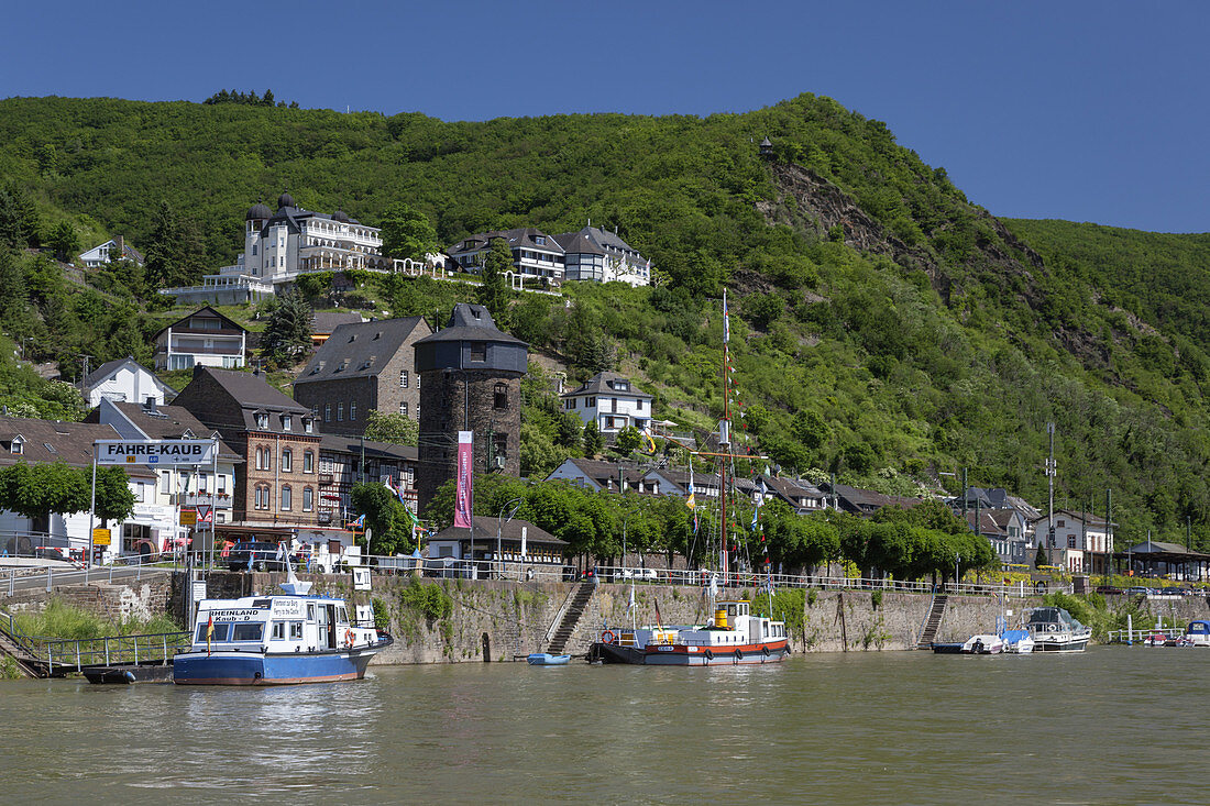 View over the Rhine to Kaub, Upper Middle Rhine Valley, Rheinland-Palatinate, Germany, Europe