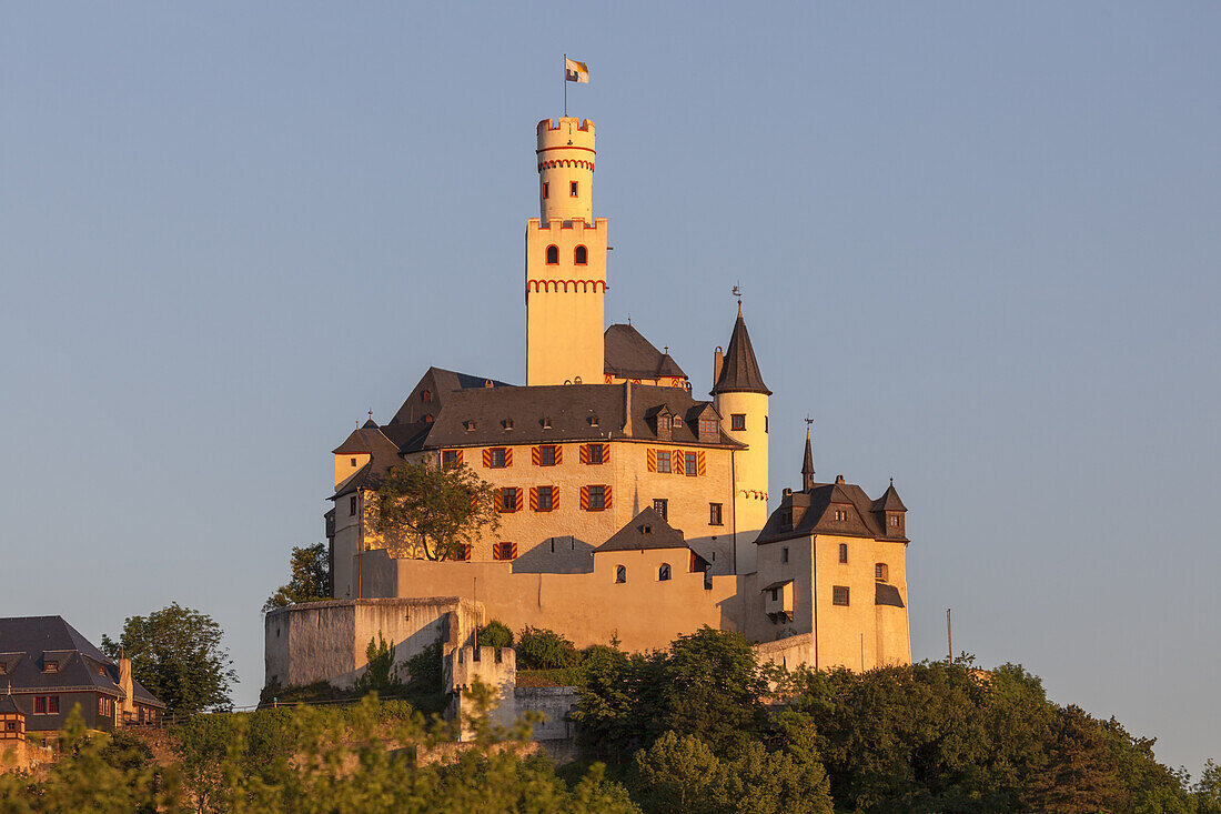 Außen, Außenaufnahme, Baudenkmal, Bauwerk, Burg, Burganlage, Burgberg, Burgen, Frühjahr, Frühling, Gebäude, historisch, Höhenburg, Mittelalter, mittelalterlich, Mittelrhein, rheinland-pfälzisch, Rheinromantik, Rheintal, Romanik, romanisch, Sehenswürdigkei