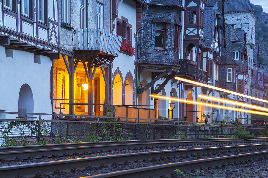 Railway track in front of the old town of Bacharach by the Rhine, Upper Middle Rhine Valley, Rheinland-Palatinate, Germany, Europe