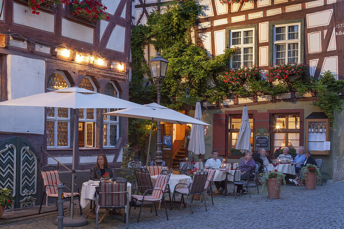 Restaurant Old House in the old town of Bacharach by the Rhine, Upper Middle Rhine Valley, Rheinland-Palatinate, Germany, Europe