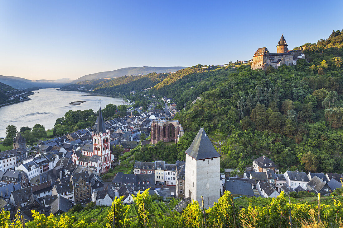 Blick über die Altstadt von Bacharach am Rhein auf Burg Stahleck, Oberes Mittelrheintal, Rheinland-Pfalz, Deutschland, Europa