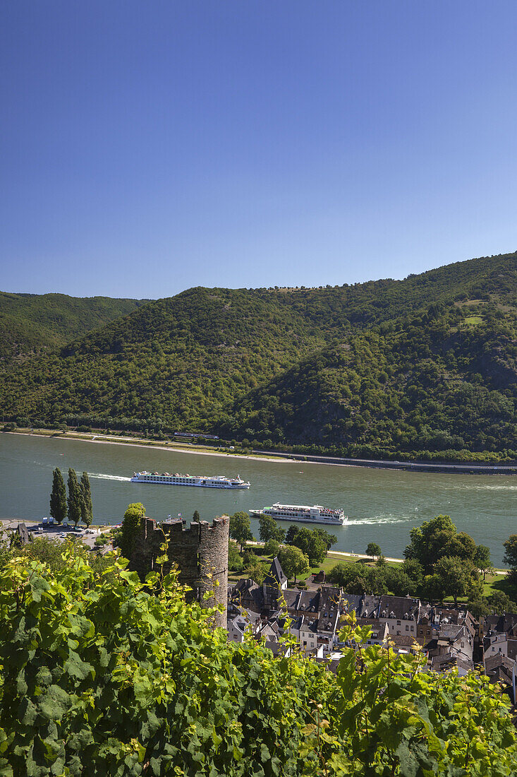 View at the Rhine and the old town of Bacharach, Upper Middle Rhine Valley, Rheinland-Palatinate, Germany, Europe