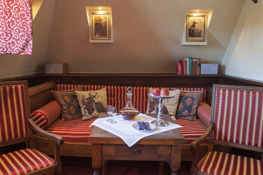 Hotel room in Burg Schönburg Castle in Oberwesel by the Rhine, Upper Middle Rhine Valley, Rheinland-Palatinate, Germany, Europe