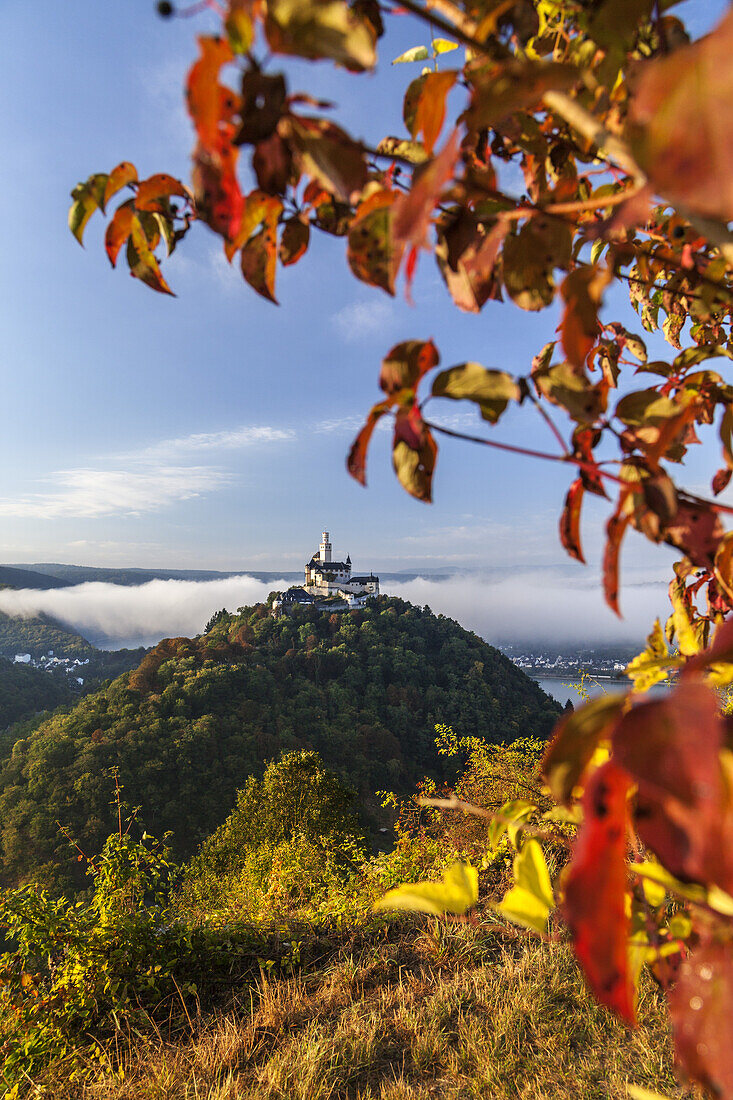 Herbstliche Marksburg oberhalb der Stadt Braubach am Mittelrhein, Oberes Mittelrheintal, Rheinland-Pfalz, Deutschland, Europa