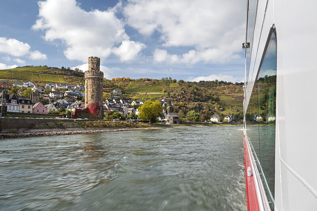 View from the cruise ship Viking Sun over the Rhine of the Ox's Tower of Oberwesel, Upper Middle Rhine Valley, Rheinland-Palatinate, Germany, Europe