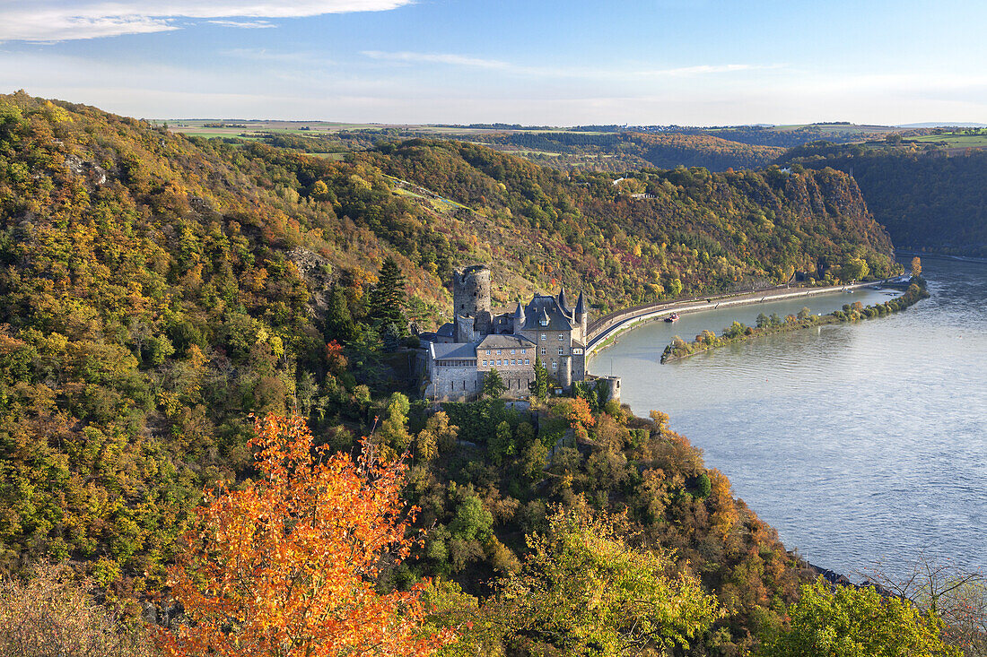 View at Burg Katz castle above the Rhine and St. Goarshausen, Upper Middle Rhine Valley, Rheinland-Palatinate, Germany, Europe