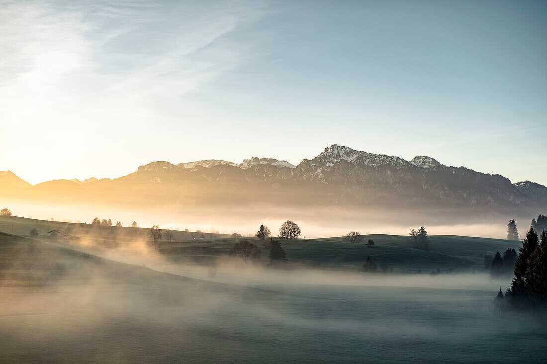 Close to Lake Hopfensee, Sunrise, Allgaeu, Bavaria, Germany, Mountains, Snow, mist, Lake