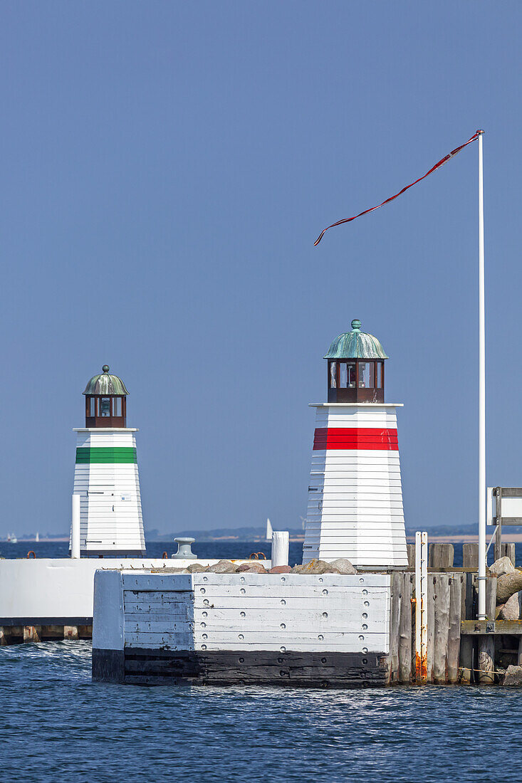 Lighthouses at the entrance of the harbour in Soby, Island Ærø, South Funen Archipelago, Danish South Sea Islands, Southern Denmark, Denmark, Scandinavia, Northern Europe