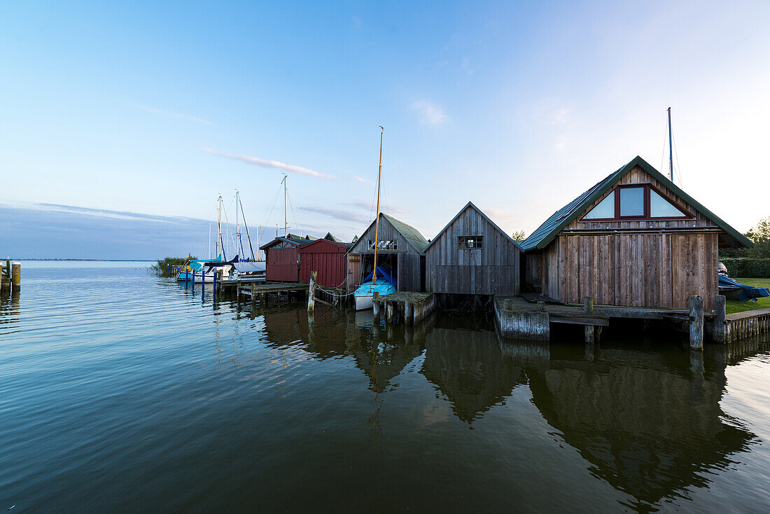 Boathouses in the Evening Mood at the port Althagen in Ahrenshoop by the Bodden at the Darß. Althagen, Ahrenshoop, Darß, Mecklenburg-Vorpommern, Germany