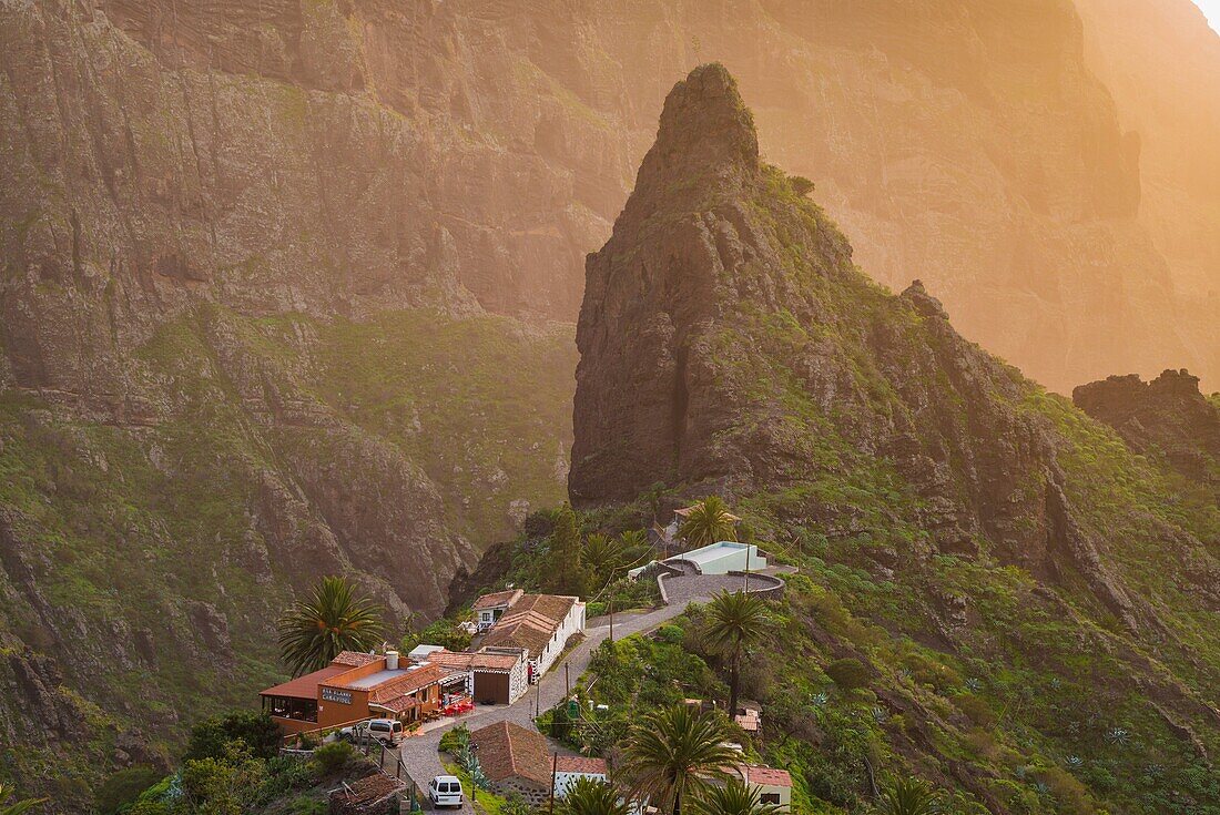 Spain, Canary Islands, Tenerife, Masca, elevated village view.
