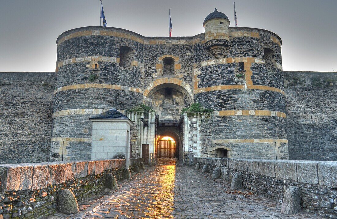 The entrance gate to Château d'Angers is a castle in the city of Angers in the Loire Valley, in the département of Maine-et-Loire, in France. Founded in the 9th century by the Counts of Anjou, was expanded to its current size in the 13th century. It is lo