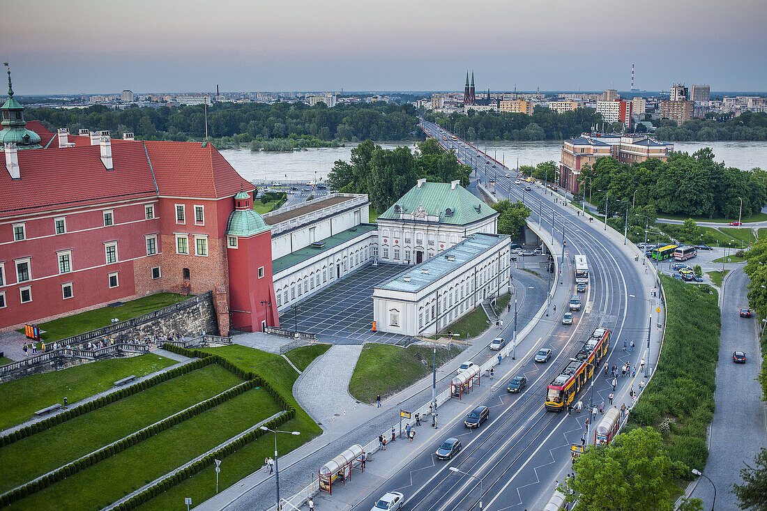 Aleja Solidarnosci street, at left The Royal Castle, in background Vistula river, Warsaw, Poland.