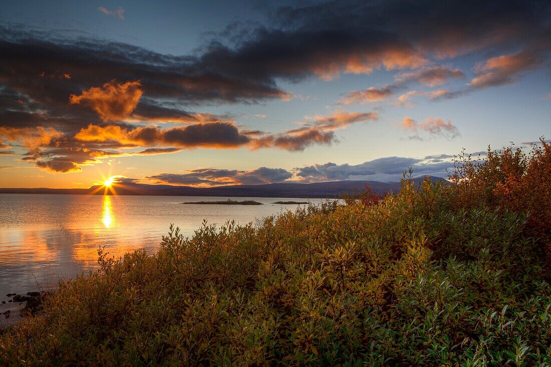 Sunset over Lake Thingvellir, Thingvellir National Park in the autumn, Iceland. Unesco World Heritage Site.