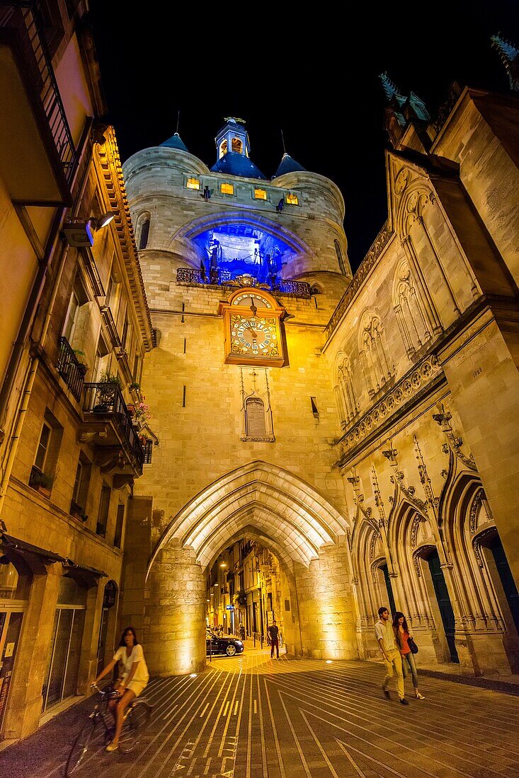 Clock tower at night, the Grosse cloche, Bordeaux, Gironde. Aquitaine France Europe.