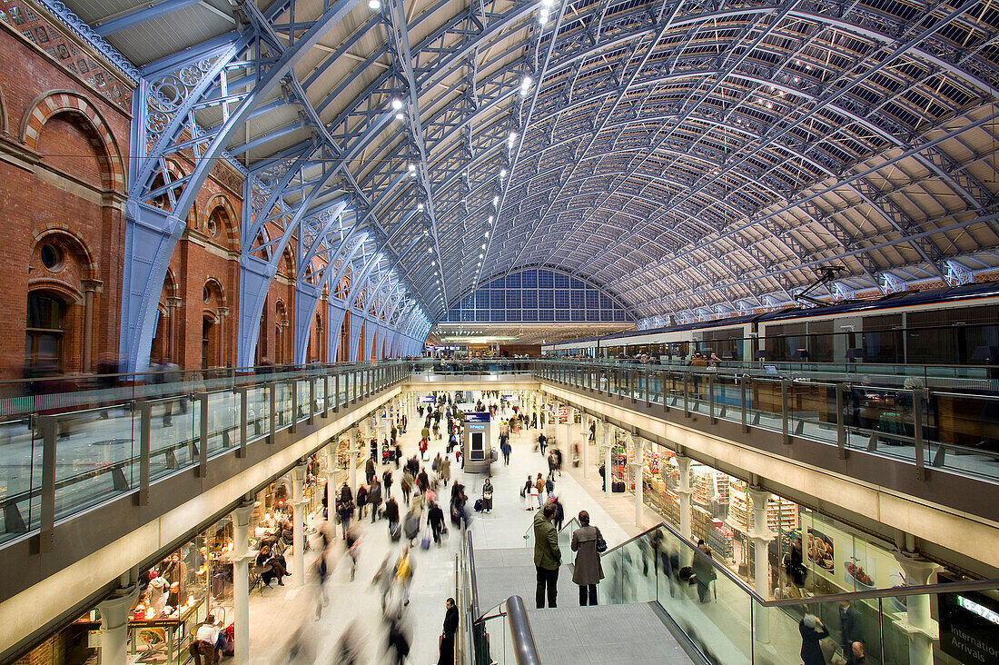 United Kingdom, London, St Pancras International train station, nave with an access to the commercial zone