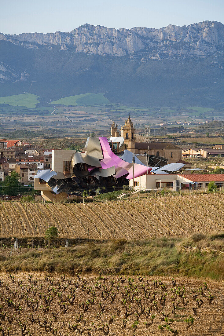 Spain, Spanish Basque Country, Alava Province, Rioja Alavesa, Elciego, Marques de Riscal Starwood luxury hotel by architect Frank Gehry, the hotel and vineyard