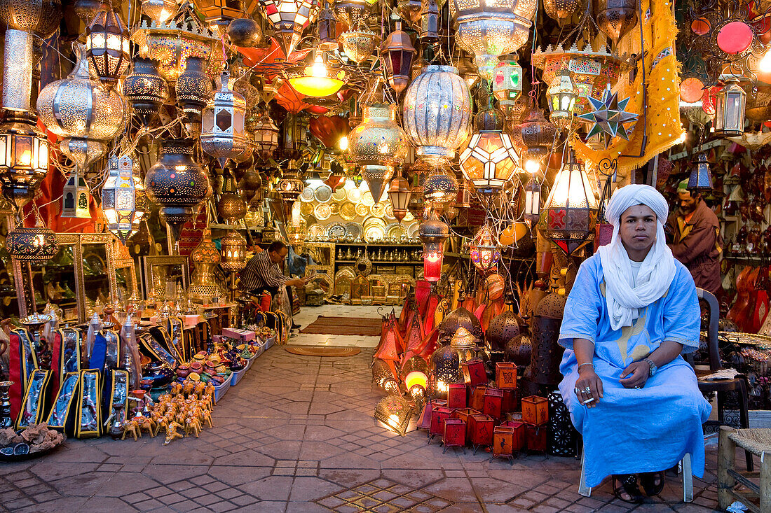 Morocco, Haut Atlas, Marrakesh, Imperial city, Medina listed as World Heritage by UNESCO, lamp shop on Jemaa el Fna square