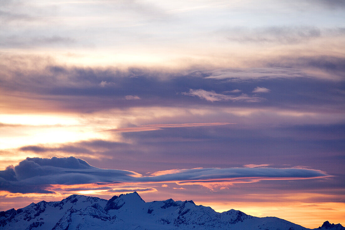 France, Savoie, sunset from Mont de la Chambre on Vanoise Mountain Range on Menuires side