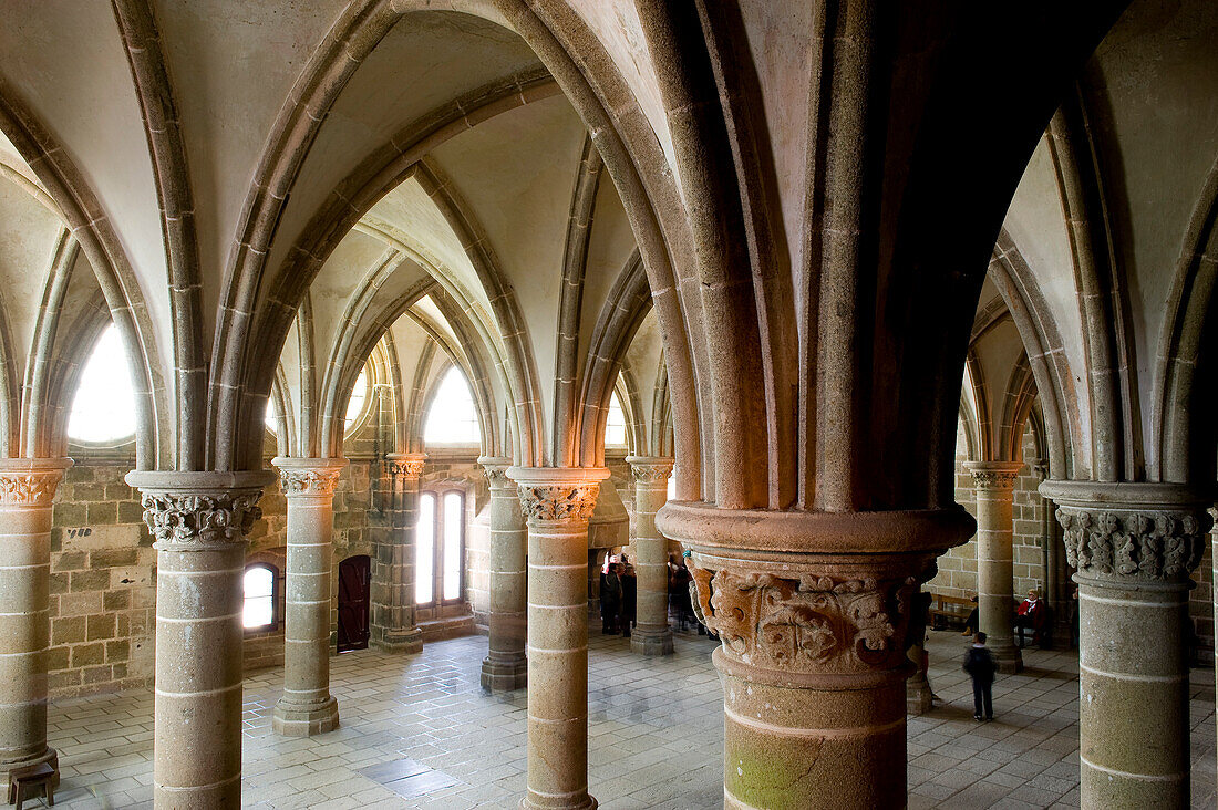 France, Manche, Mont Saint Michel, listed as World Heritage by UNESCO, abbey, Salle des Chevaliers (Knights Room), Gothic vault and columns