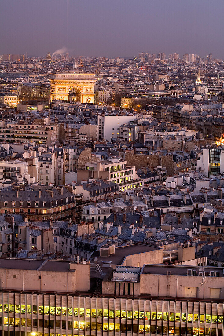 France, Paris, Arc de Triomphe at nightfall seen from the Concorde Lafayette Hotel