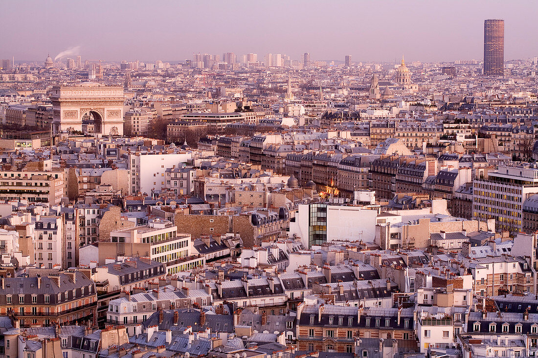 France, Paris, Arc de Triomphe, Dome of the Invalides and the Montparnasse Tower seen from the Concorde Lafayette Hotel