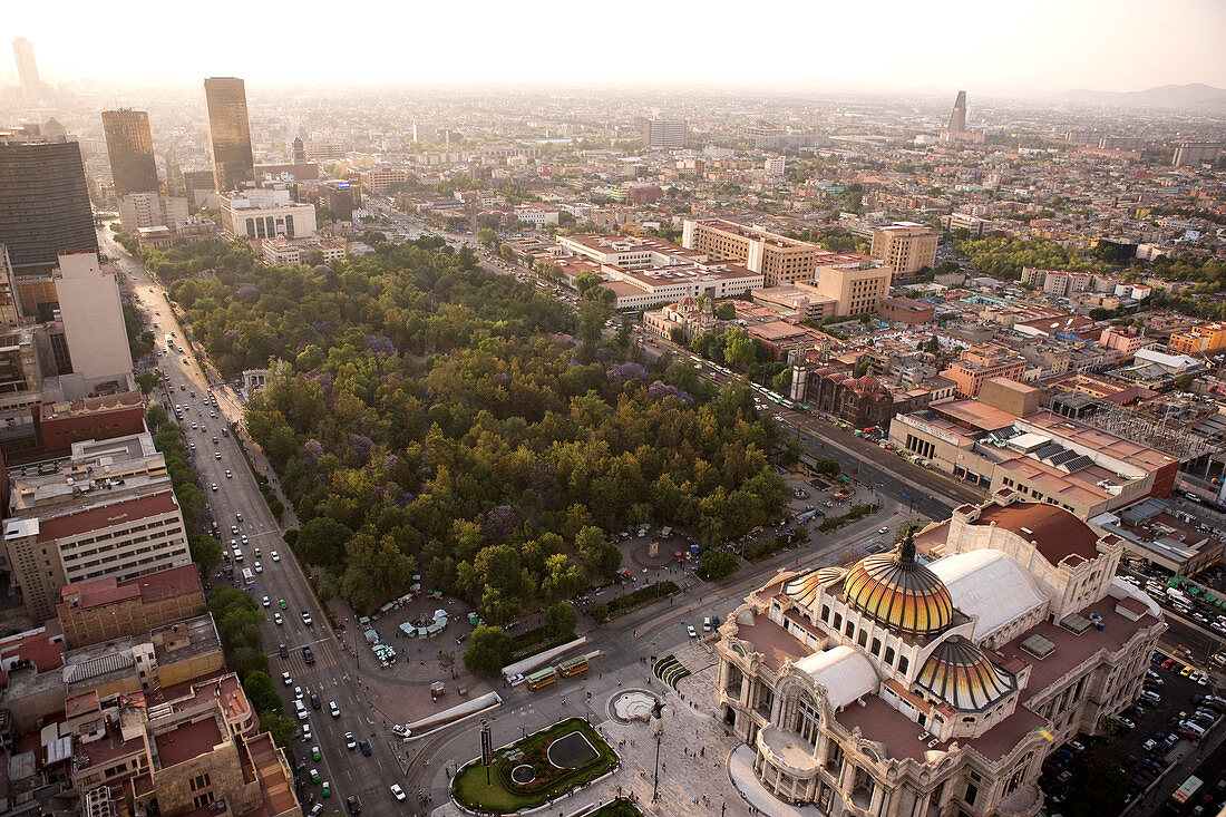 Mexico, Federal District, Mexico City, Alameda Park and Palacio de Bellas Artes seen from the Torre Latino America