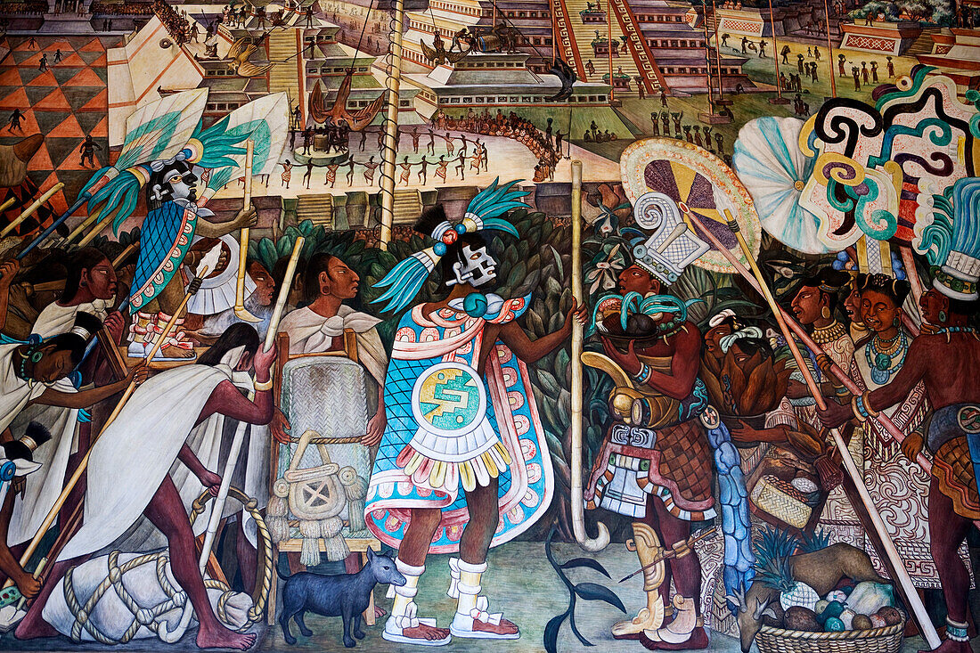 Mexico, Federal District, Mexico City, the National Palace, Diego Rivera's paintings about the Pre-Columbian civilization, Aztec warriors