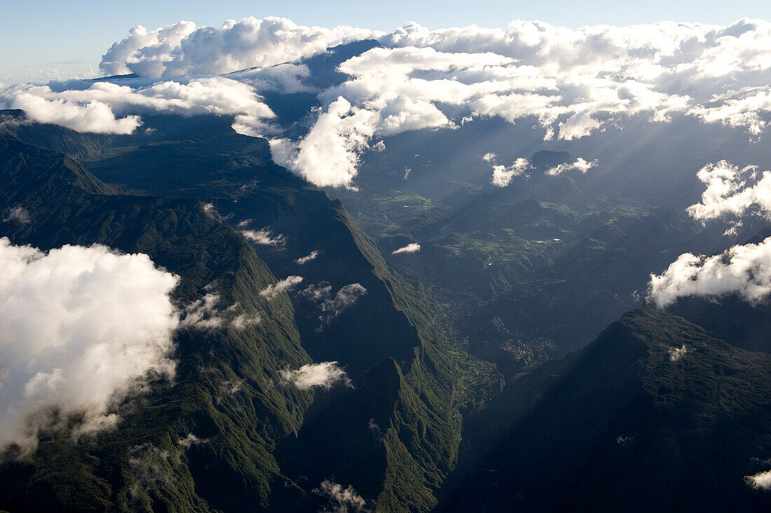 France, Reunion island (French overseas department), Parc National de La Reunion (Reunion National Park), listed as World Heritage by UNESCO, cirque de Cilaos (aerial view)