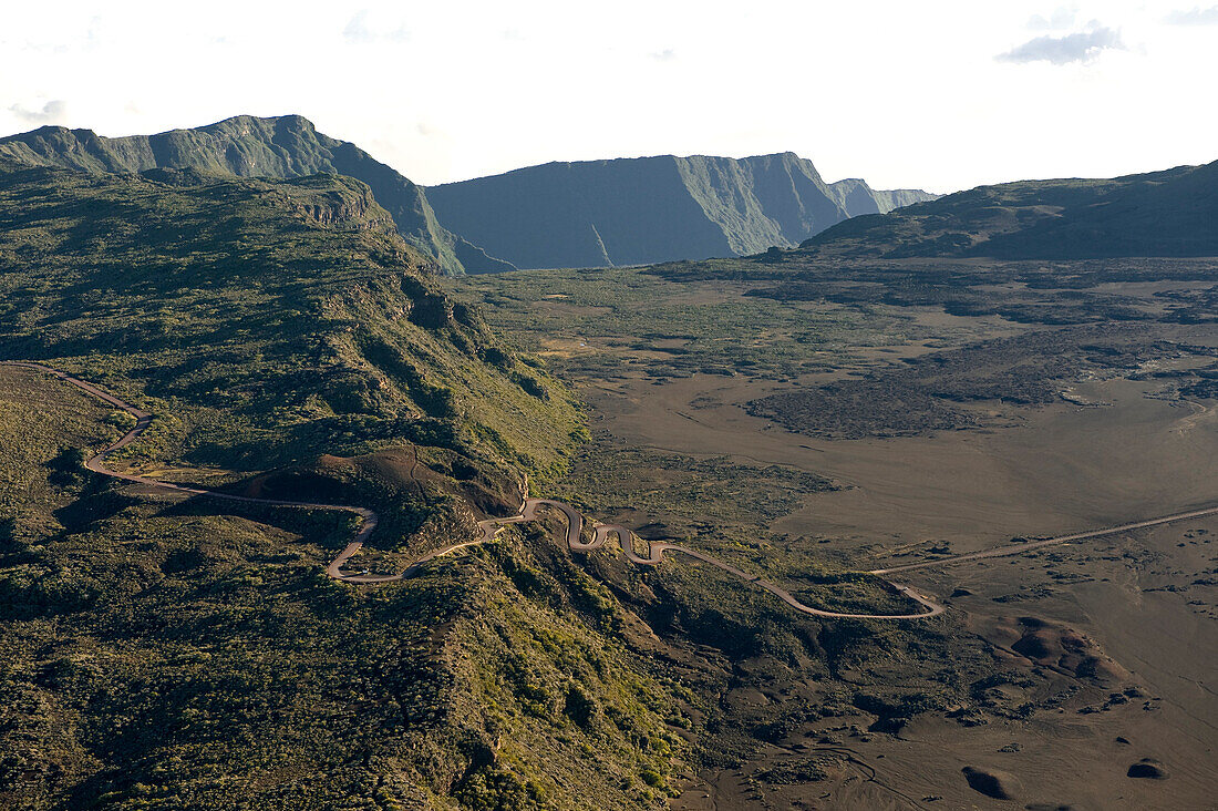 France, Reunion island (French overseas department), Parc National de La Reunion (Reunion National Park), listed as World Heritage by UNESCO, Piton de la Fournaise volcano, Plaine des Sables (aerial view)