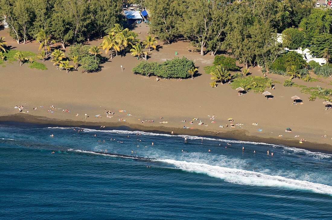 France, Reunion Island, Etang Sale les Bains, black sand beach (aerial view)