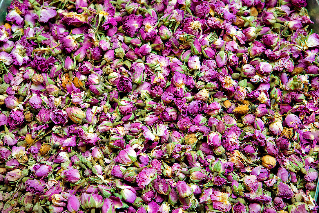 Morocco, Haut Atlas, Marrakesh, Imperial city, Medina listed as World Heritage by UNESCO, medley of dried flowers at an herbalist shop