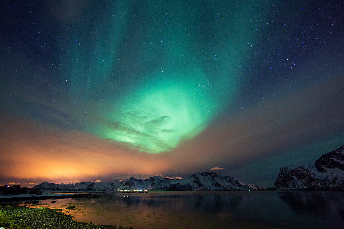 Nordlichter, Aurora borealis, über Vestvagoya, Lofoten, Norwegen, Skandinavien, Europa