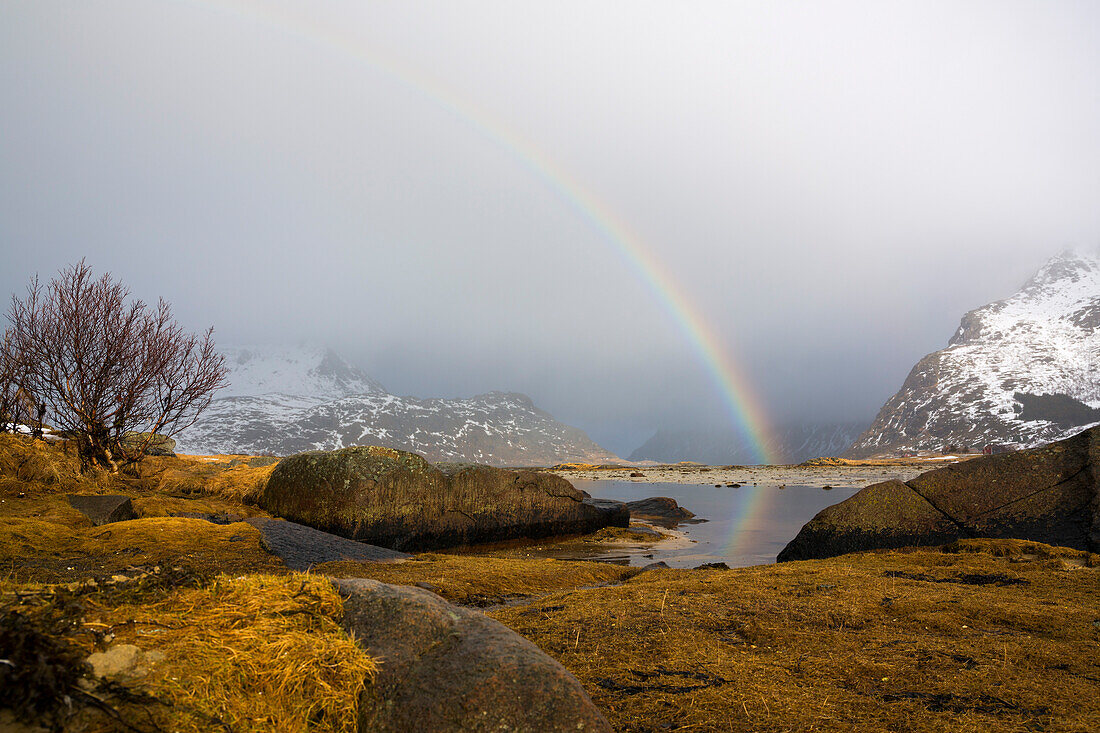 Regenbogen auf Flakstadoya, Lofoten, Norwegen, Skandinavien, Europa