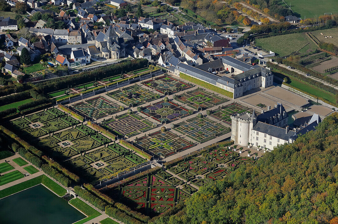 France, Indre et Loire, Loire Valley listed as World Heritage by UNESCO, the castle and gardens of Villandry (owners Henri and Angelique Carvallo) (aerial view)
