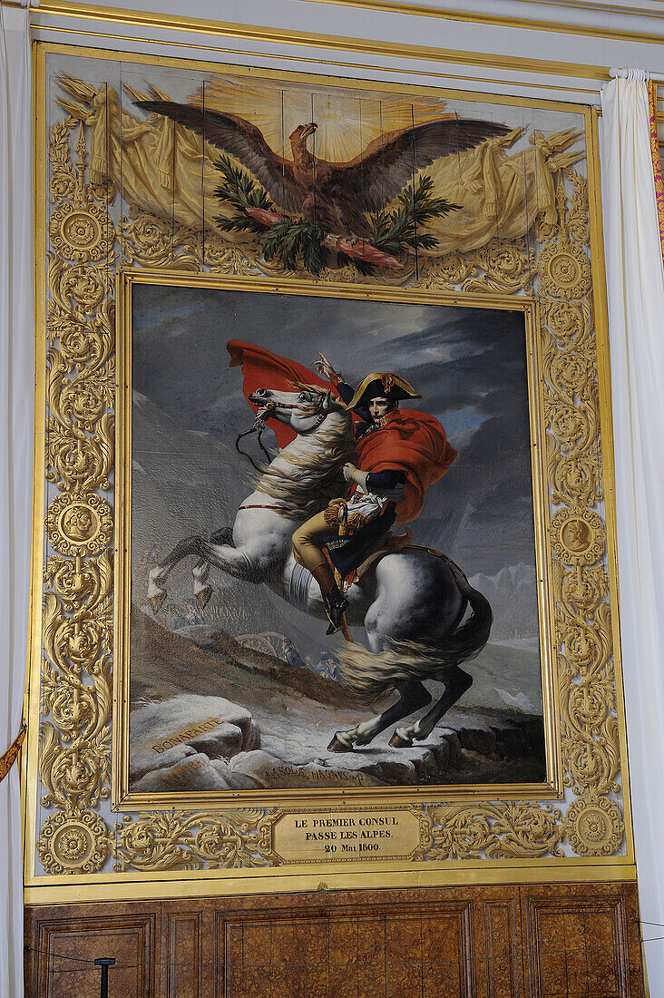 France, Yvelines, Chateau de Versailles, listed as World Heritage by UNESCO, painting of Bonaparte Crossing the Alps by Jacques Louis David in the Musee parlant (the Talking Museum, audiovisual trail in the French History)
