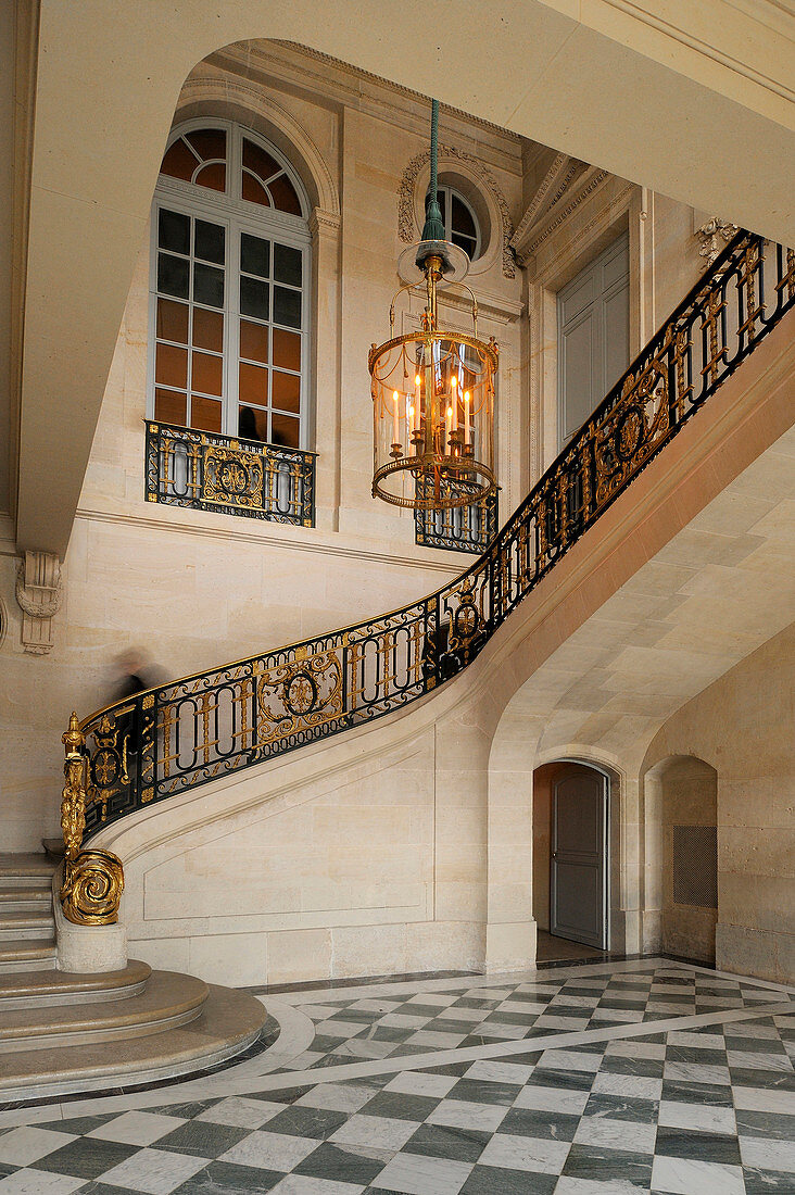 France, Yvelines, Chateau de Versailles, listed as World Heritage by UNESCO, Domaine de Marie Antoinette, the Petit Trianon, the big staircase with its wrought iron banister