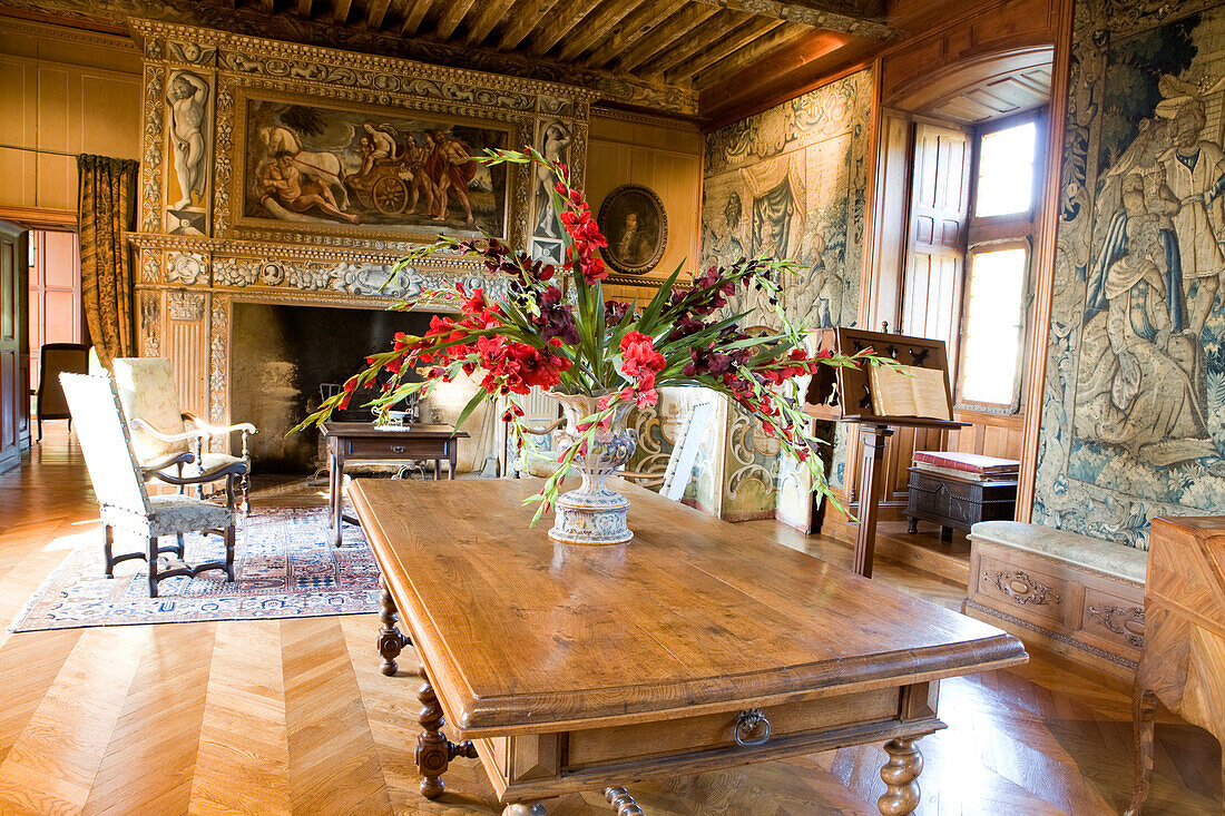 France, Dordogne, Perigord Noir, Dordogne Valley, Marquay, Chateau de Puymartin, rebuilt after the Hundred Years' War, the big room