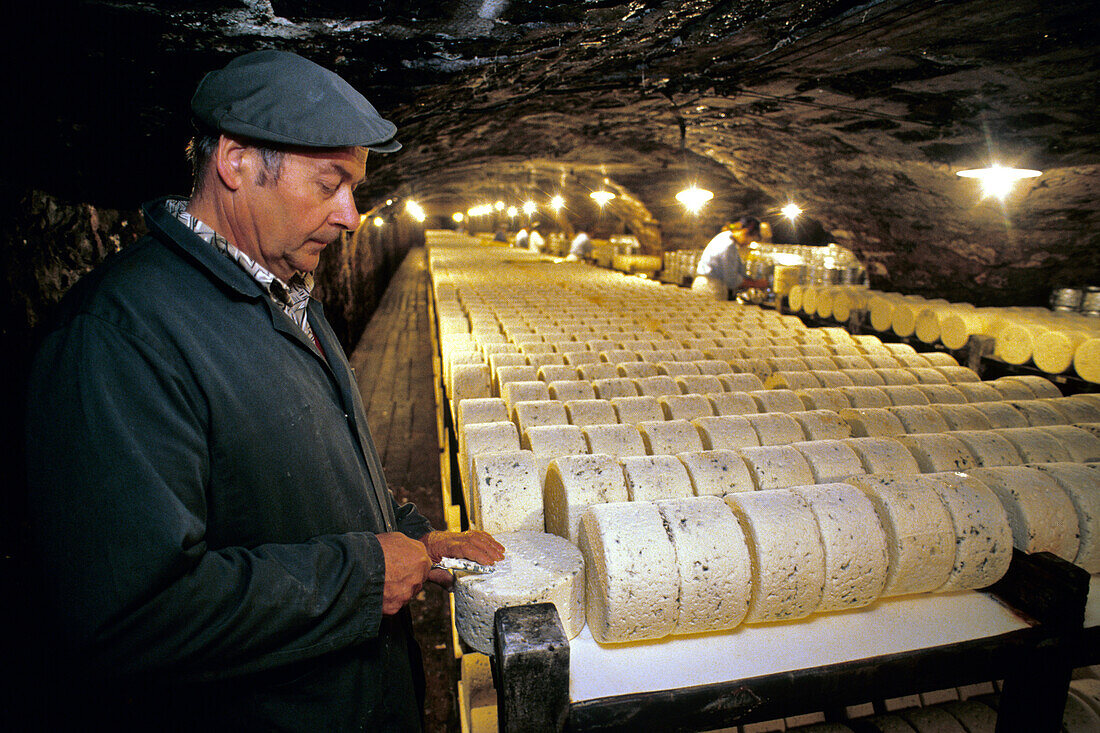 France, Aveyron, the Causses and the Cevennes, Mediterranean agro pastoral cultural landscape, listed as World Heritage by UNESCO, Roquefort sur Soulzon, the maturing cellars of the Societe cheese are the oldest of Roquefort