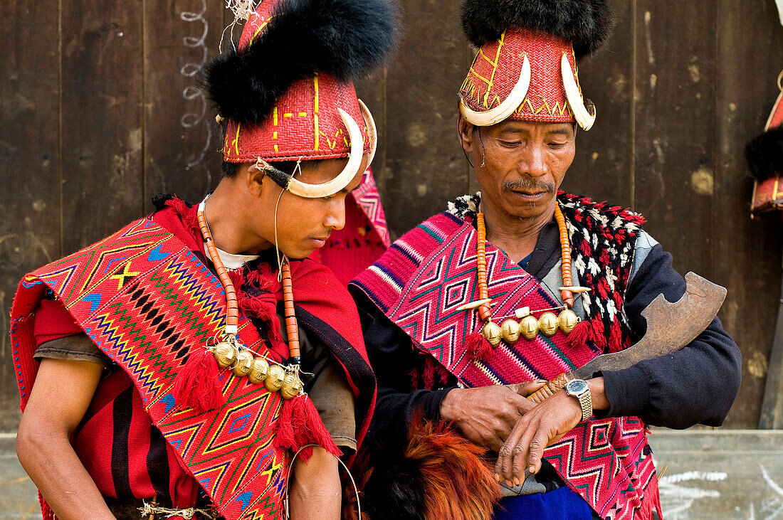 Myanmar (Burma), Sagaing Division, Leshi, Nagas from Konyak tribes dressed up to take part in the celebrations for naga new year