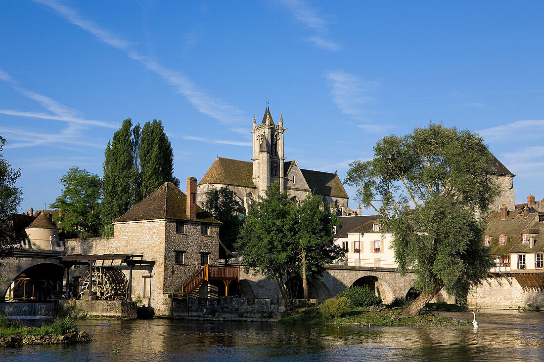 France, Seine et Marne, Moret on Loing, Maison Beque in the foreground and Notre Dame de la Nativite Church